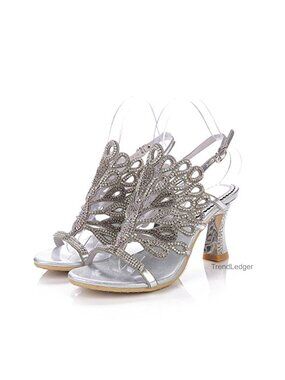 Rhinestone Peacock Patterned Handmade Chunky Heel Sandals